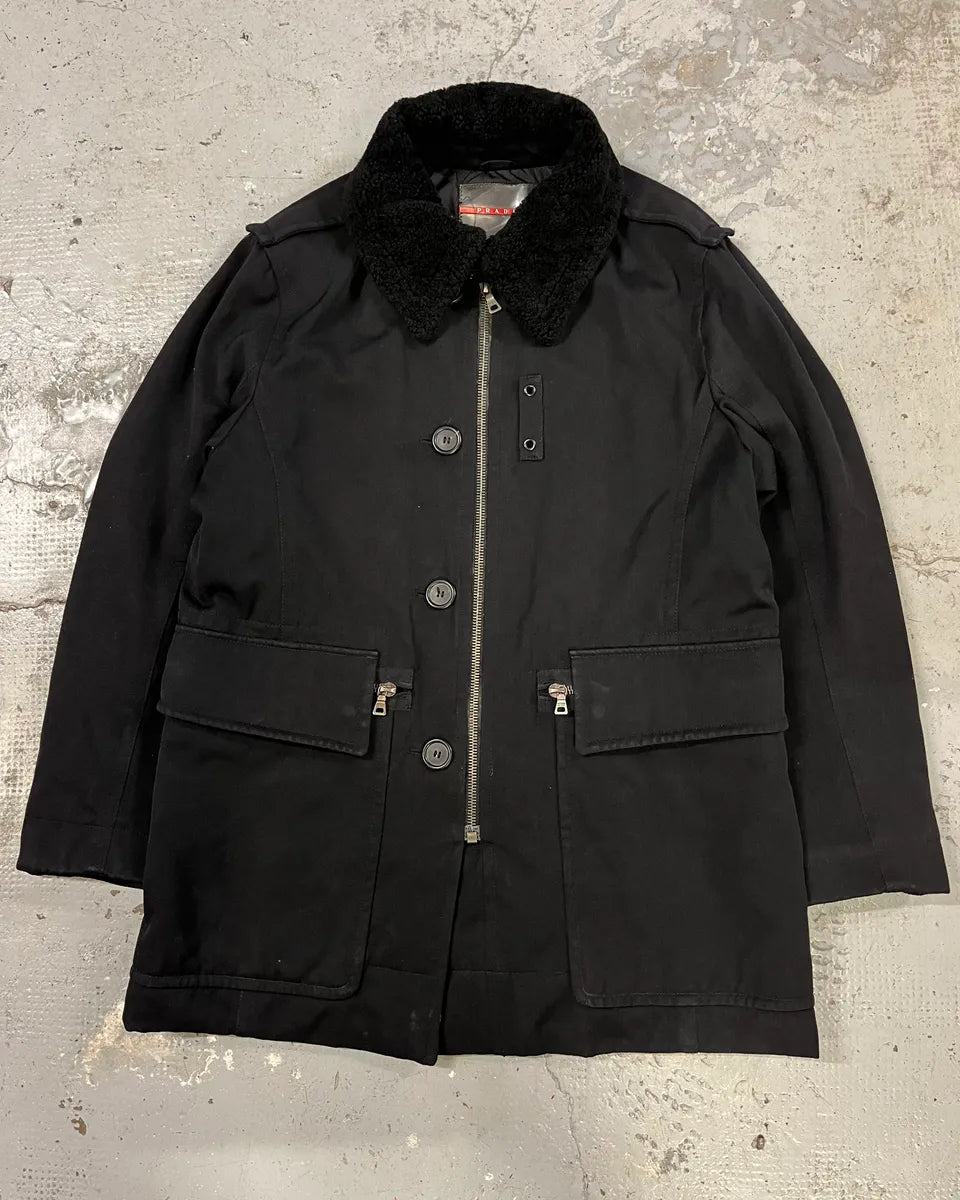 2000s Prada Aviator Black Shearling Long Jacket wWTLANL 0