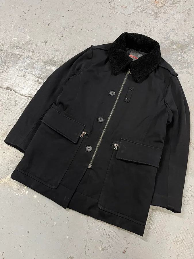 2000s Prada Aviator Black Shearling Long Jacket wWTLANL 3