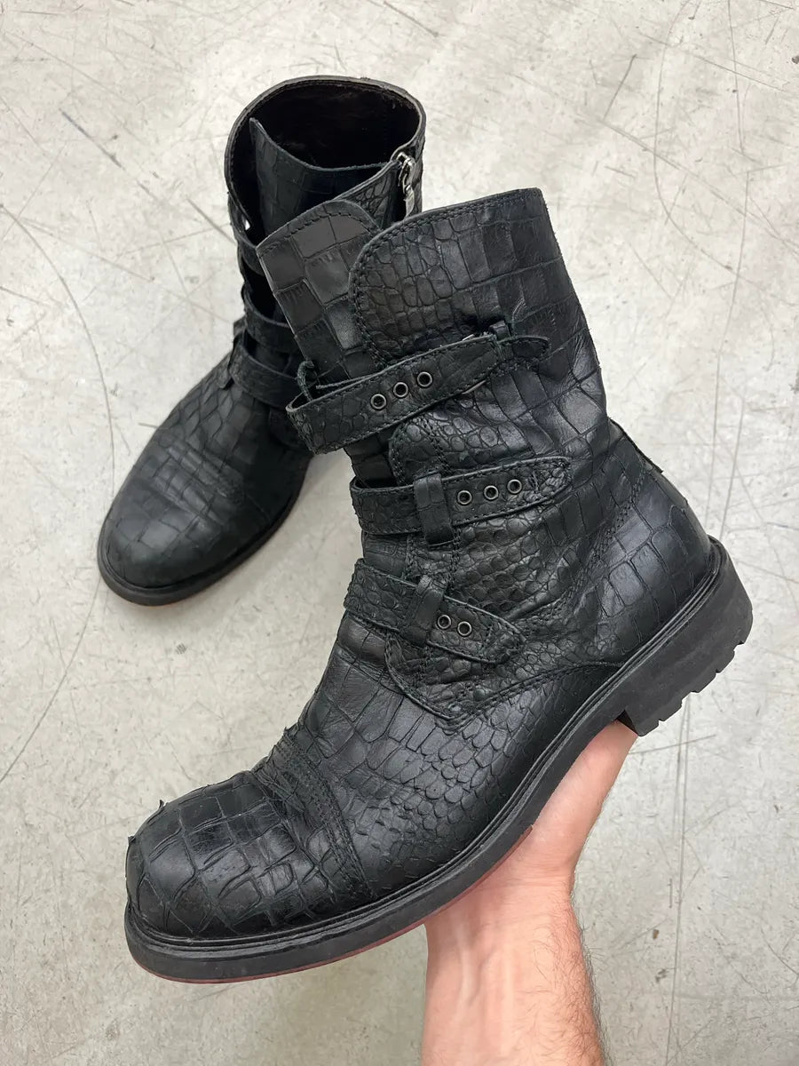 Cesare Paciotti Crocodile Embossed Triple Strap Black Leather Boots werhUCzu 0
