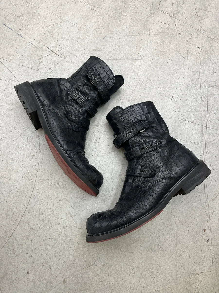 Cesare Paciotti Crocodile Embossed Triple Strap Black Leather Boots werhUCzu 1