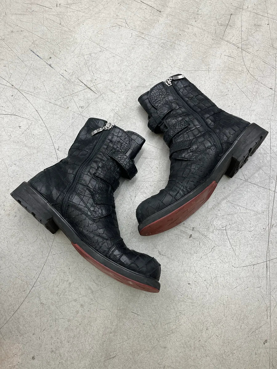 Cesare Paciotti Crocodile Embossed Triple Strap Black Leather Boots werhUCzu 2