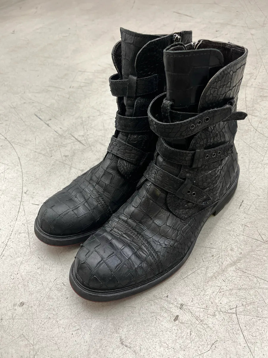 Cesare Paciotti Crocodile Embossed Triple Strap Black Leather Boots werhUCzu 4
