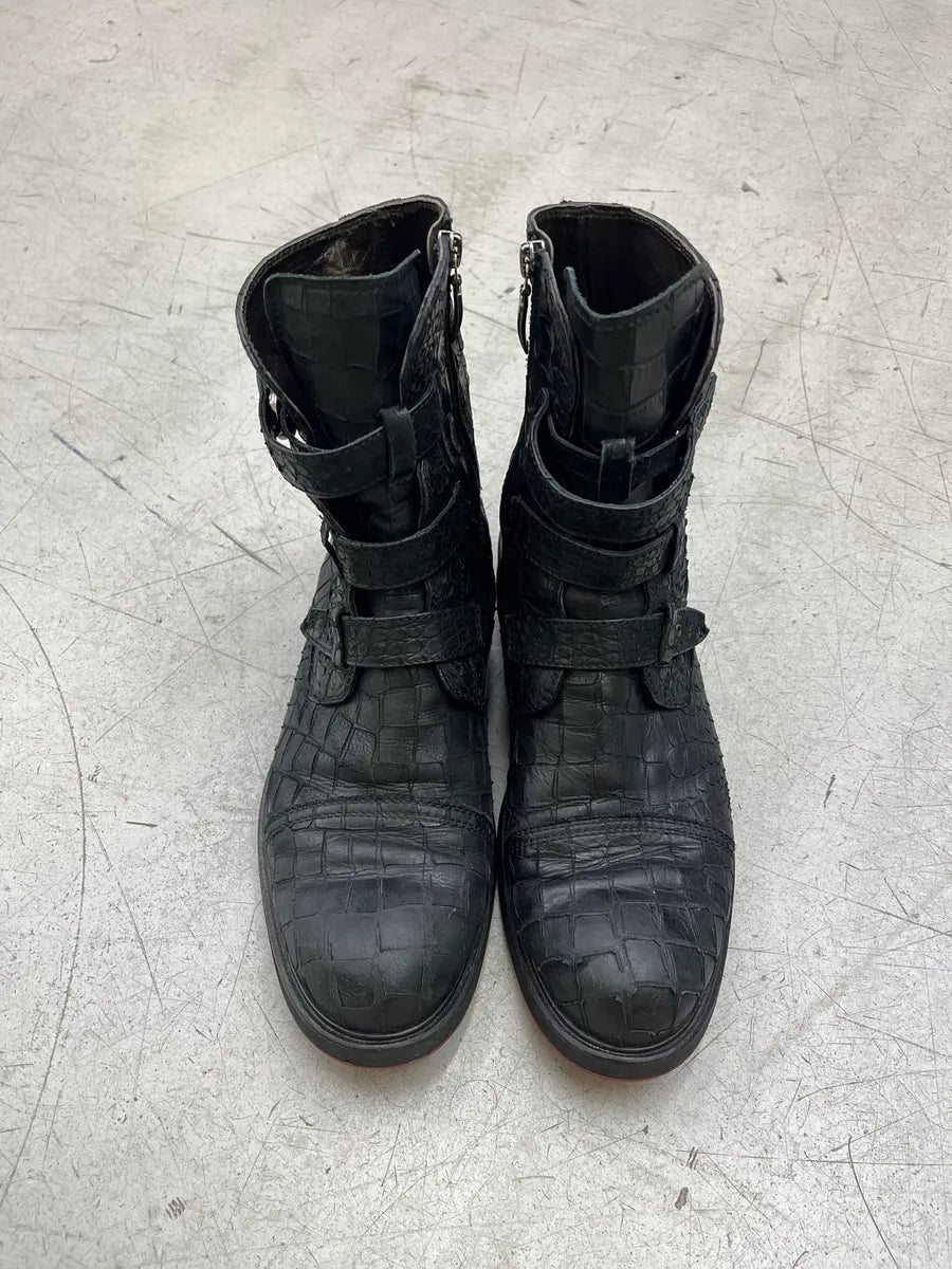 Cesare Paciotti Crocodile Embossed Triple Strap Black Leather Boots werhUCzu 5