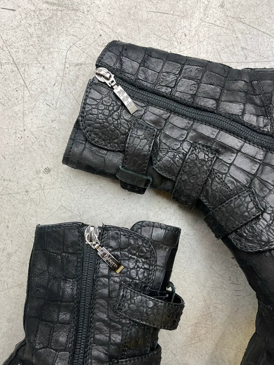 Cesare Paciotti Crocodile Embossed Triple Strap Black Leather Boots werhUCzu 3