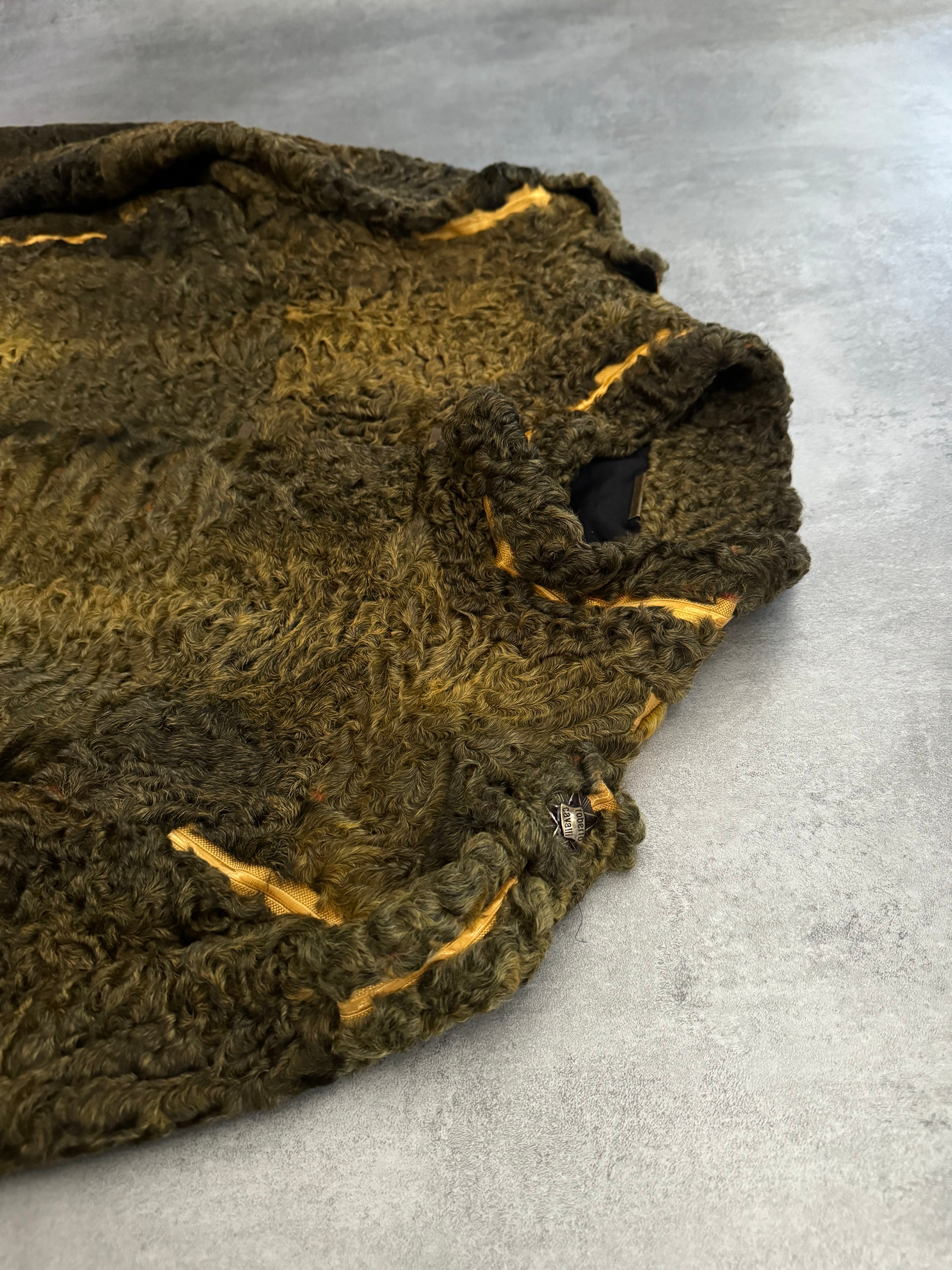 FW2000 Roberto Cavalli Yellow Textured Fur Aviator Captain Jacket (M/L) - 6