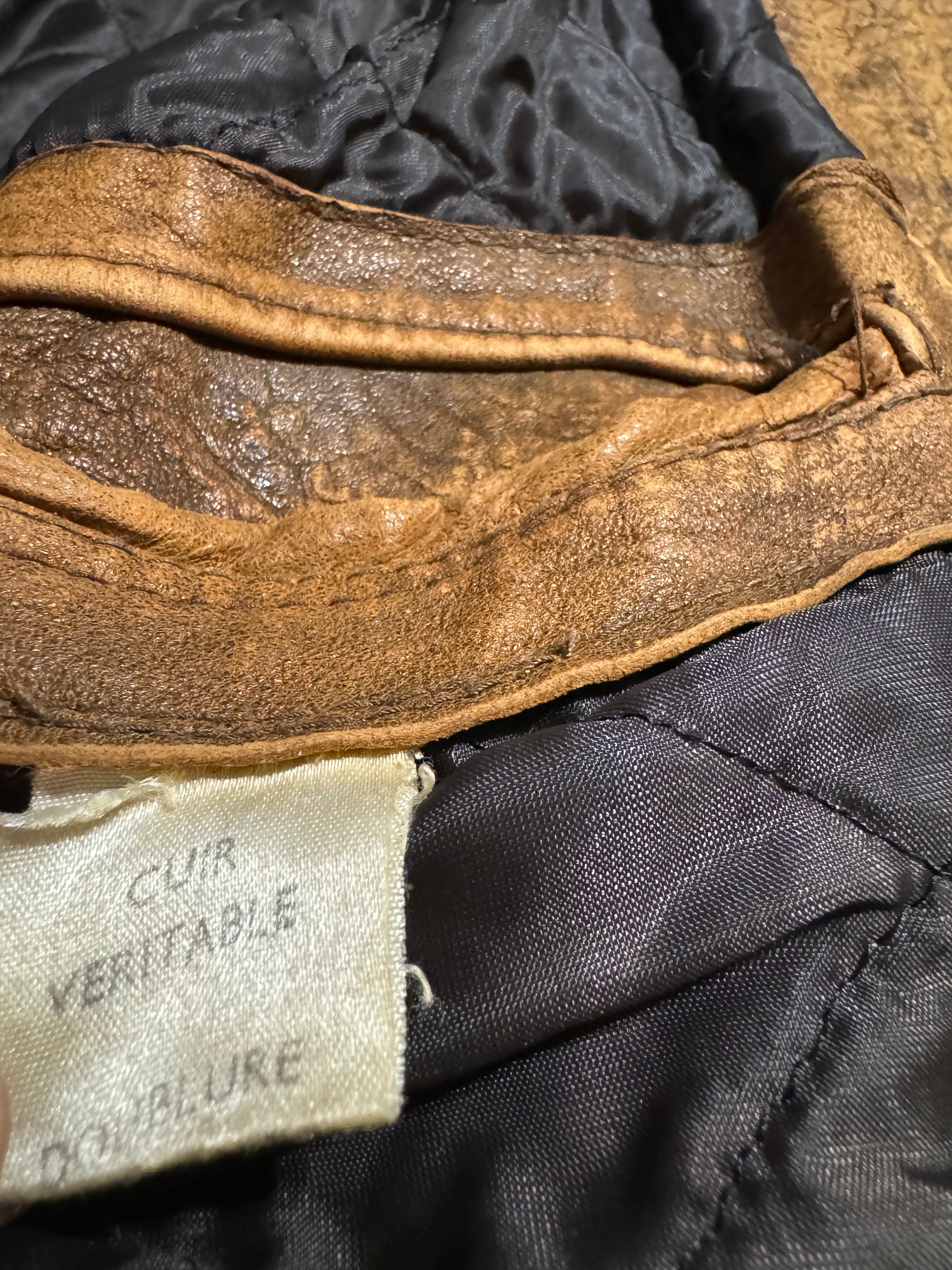 1990s Artisanal French Eroded Brown Leather Jacket with Detachable Sleeves (M) - 10