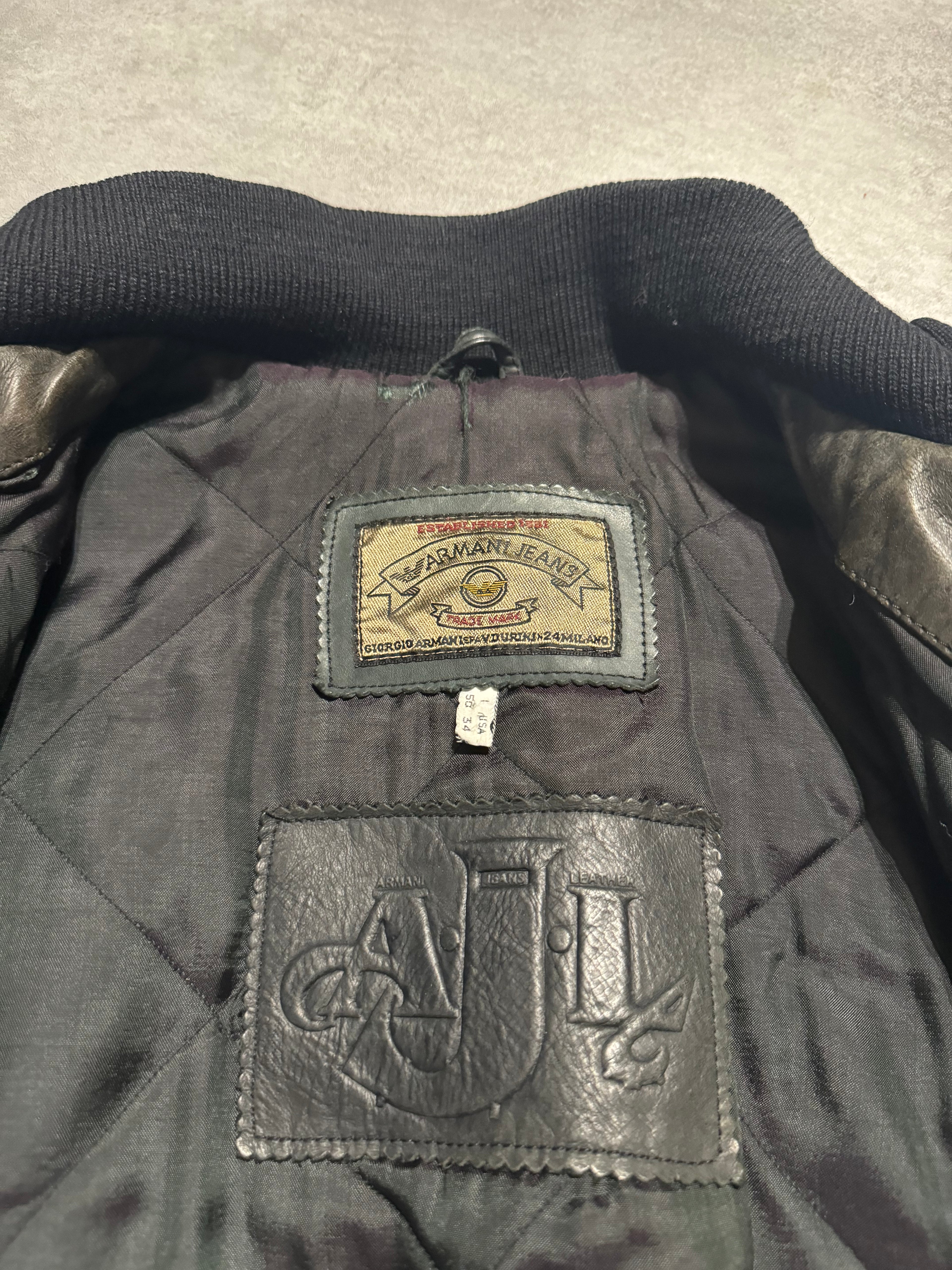 1990s Armani Leather Patina Black Premium Italian Bomber Jacket  (M/L) - 7