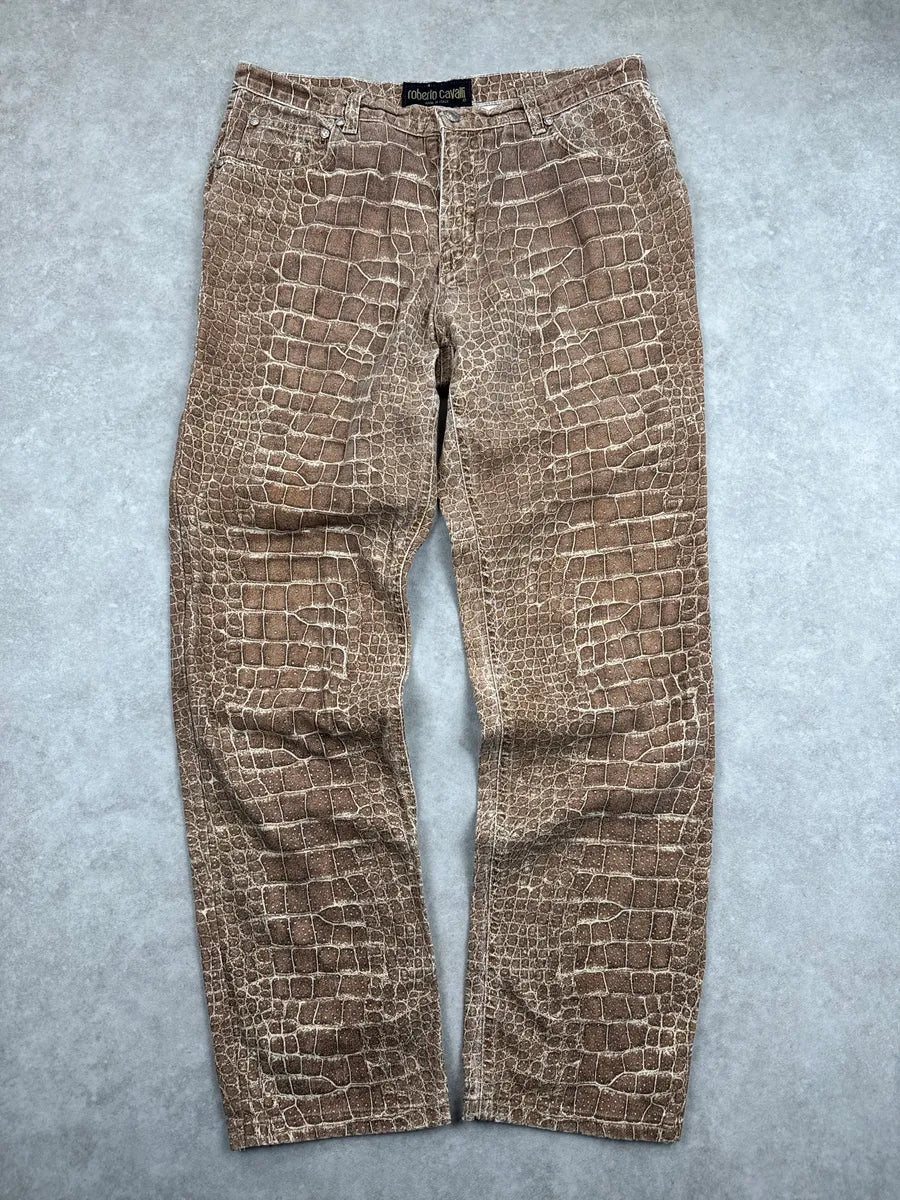 1990s Roberto Cavalli Beige Crocodile Print Straight Leg Pants wzupejKy 3