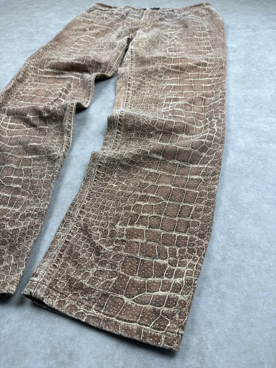 1990s Roberto Cavalli Beige Crocodile Print Straight Leg Pants wzupejKy 4