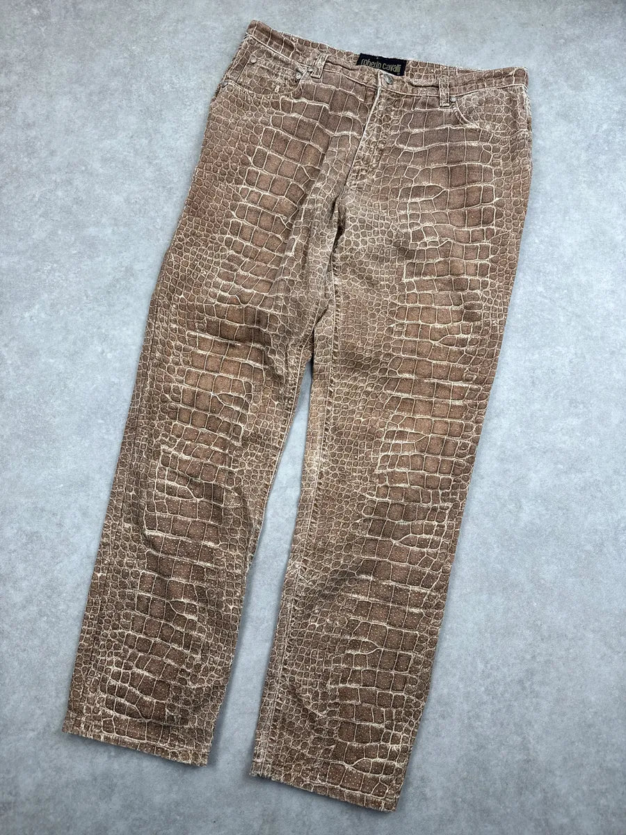 1990s Roberto Cavalli Beige Crocodile Print Straight Leg Pants wzupejKy 5
