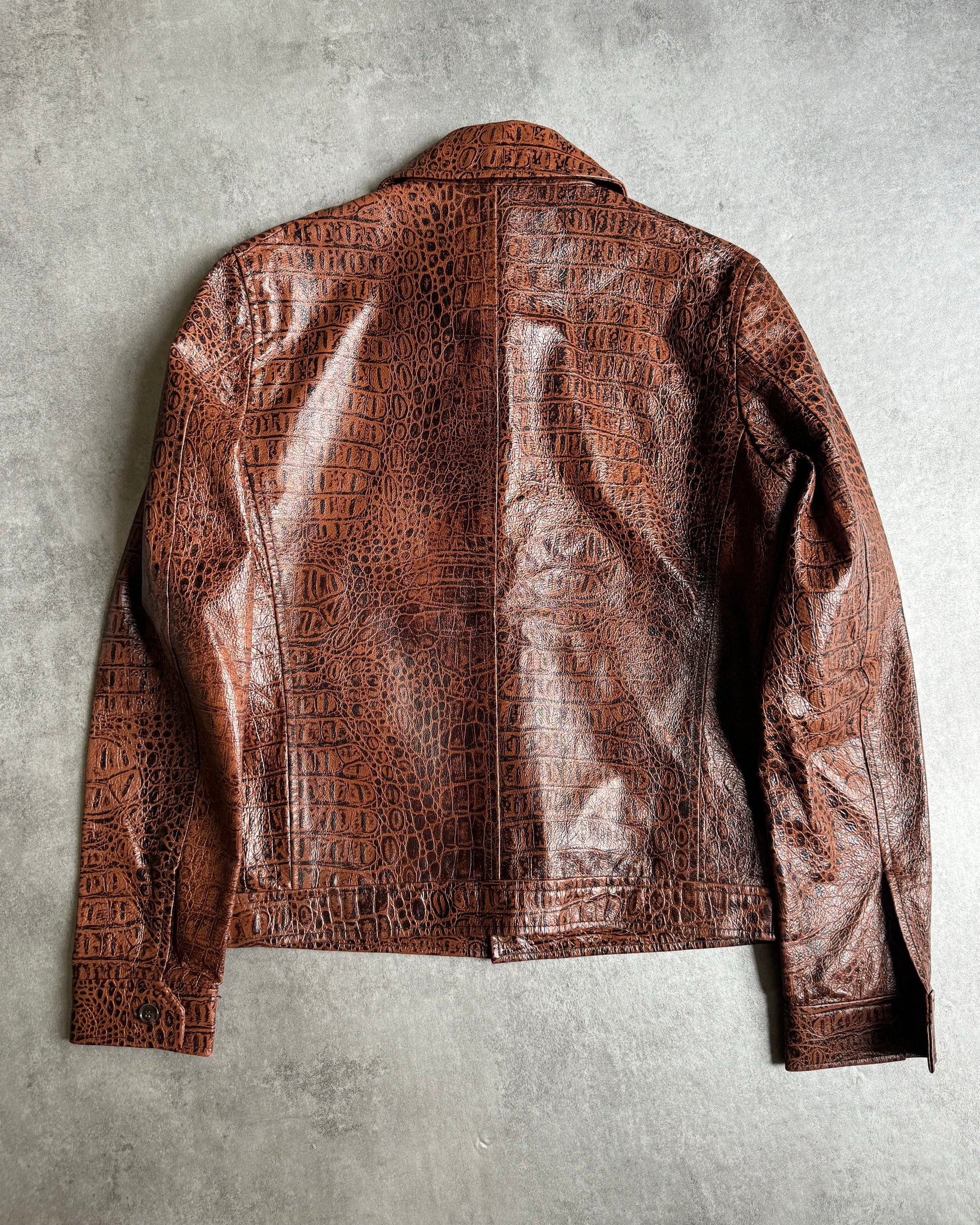 Tornado Mart Crocodile Effect Brown Leather Jacket (S) - 3