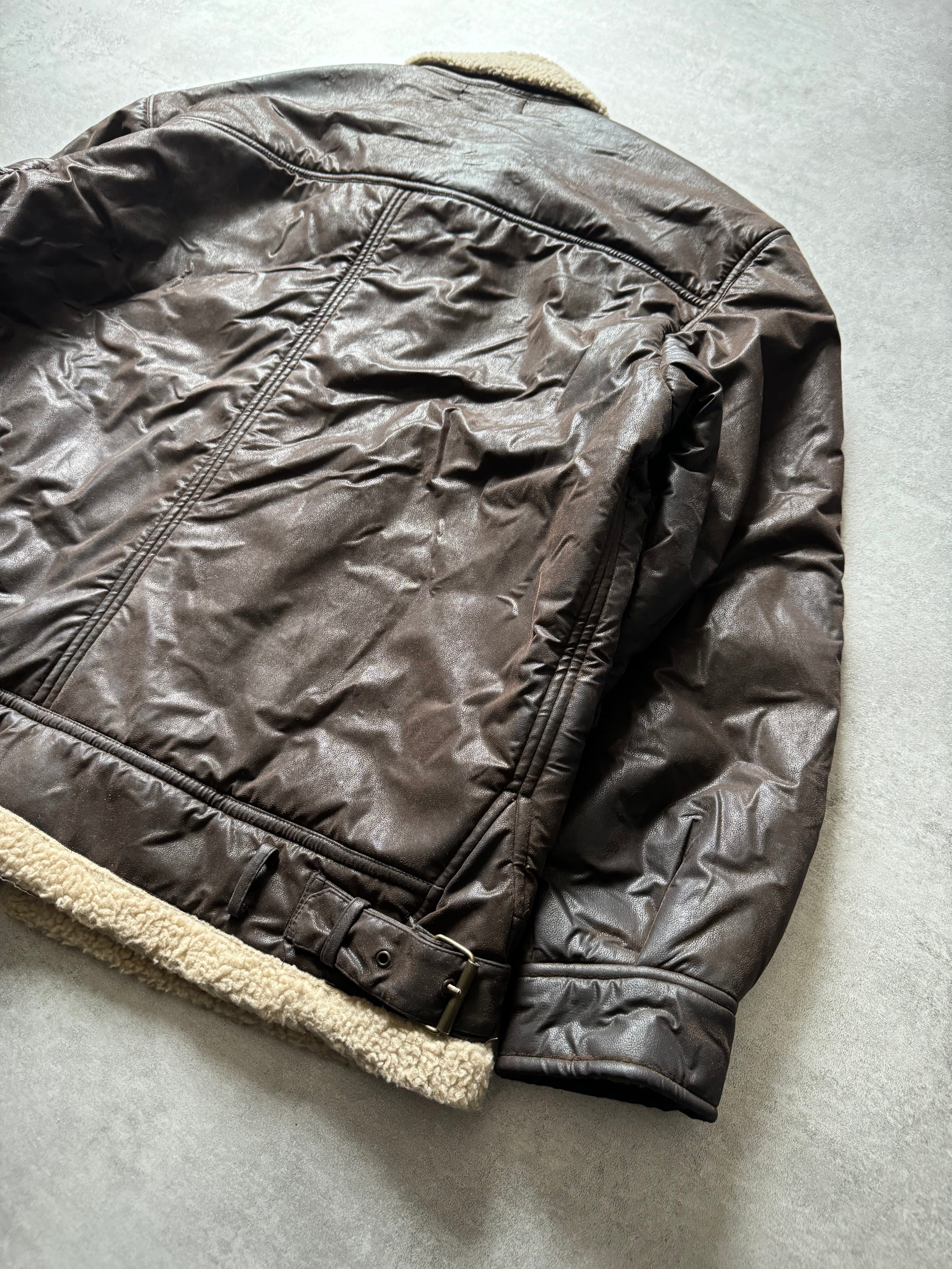 1990s Armani Shearling Brown Leather Jacket (L) - 5