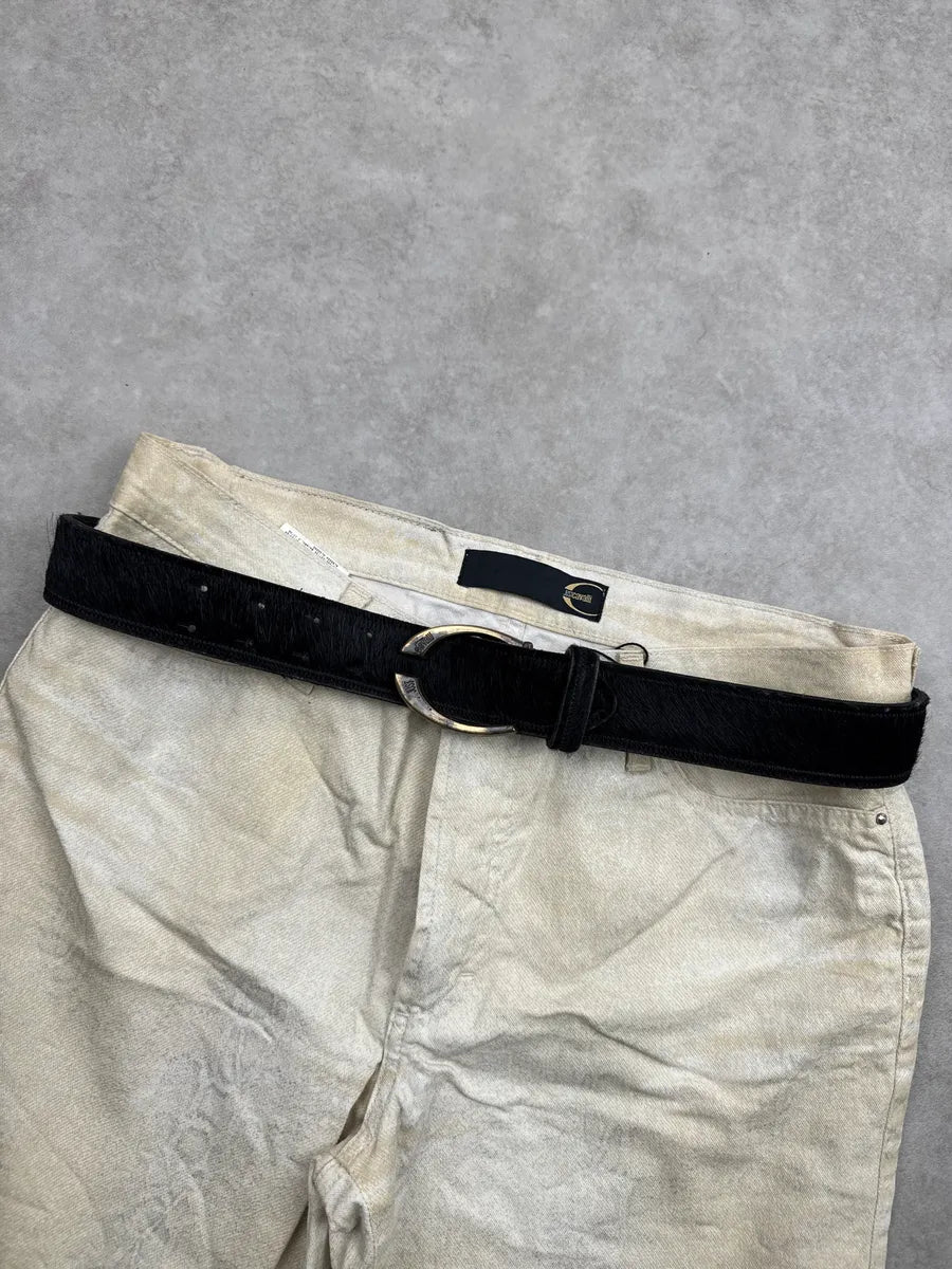 SS2004 Cavalli Black Pony Hair Leather Horseshoe Buckle Belt xWVCzHqN 0