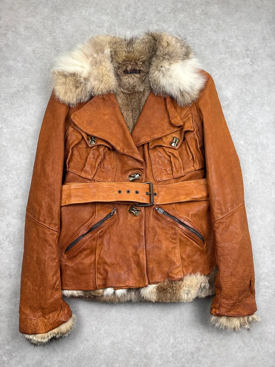 SS2004 Roberto Cavalli Brown Fur Collar Belted Leather Jacket xWfFlgDT 0