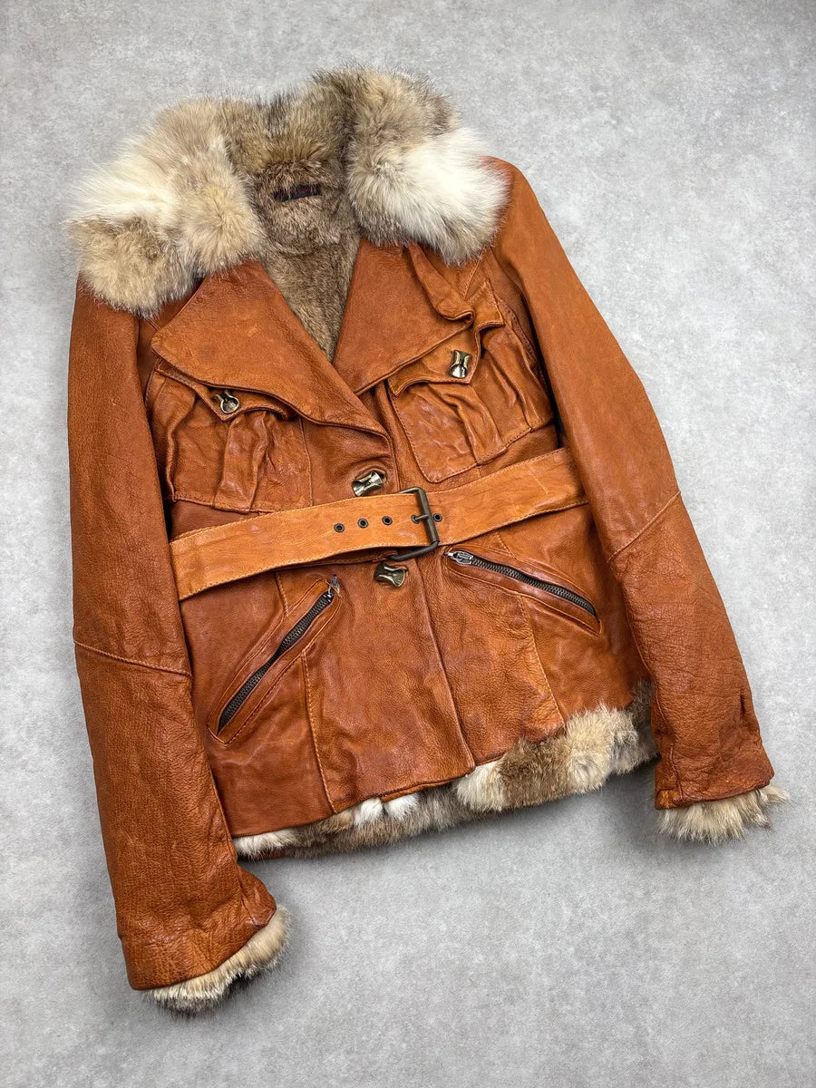 SS2004 Roberto Cavalli Brown Fur Collar Belted Leather Jacket xWfFlgDT 3