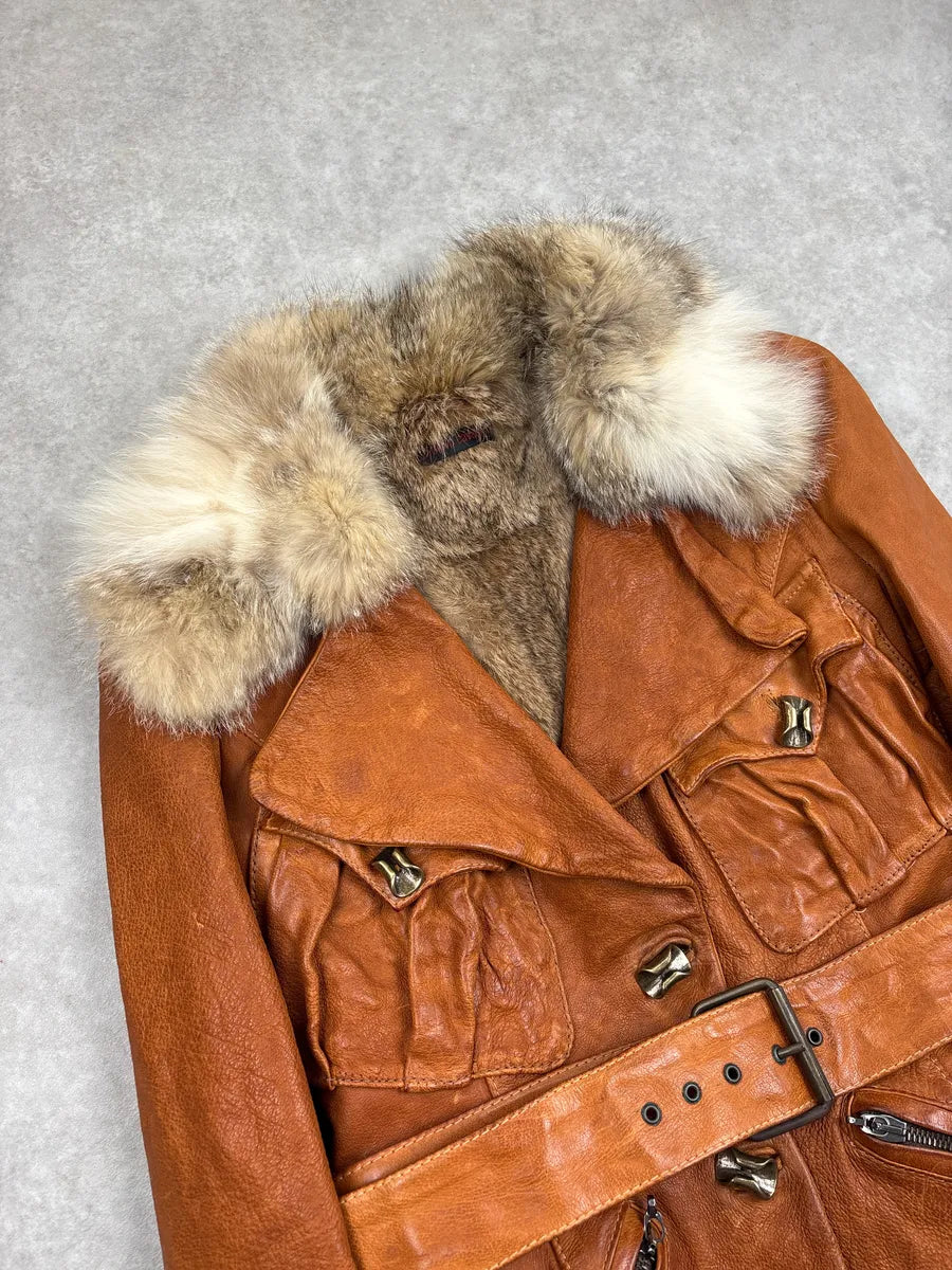 SS2004 Roberto Cavalli Brown Fur Collar Belted Leather Jacket xWfFlgDT 4