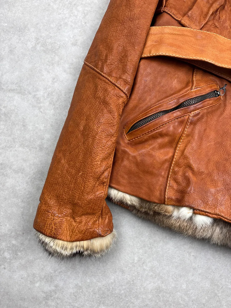 SS2004 Roberto Cavalli Brown Fur Collar Belted Leather Jacket xWfFlgDT 7