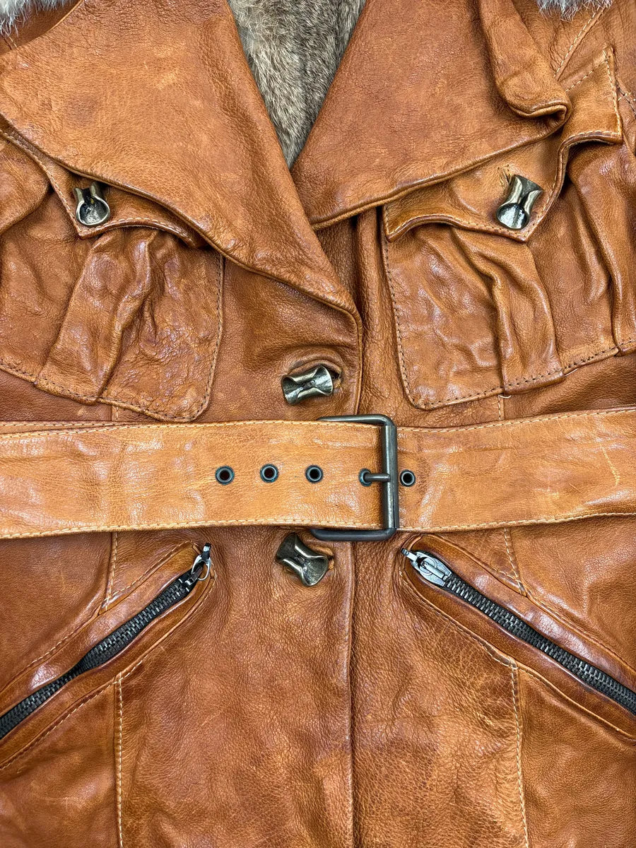 SS2004 Roberto Cavalli Brown Fur Collar Belted Leather Jacket xWfFlgDT 9