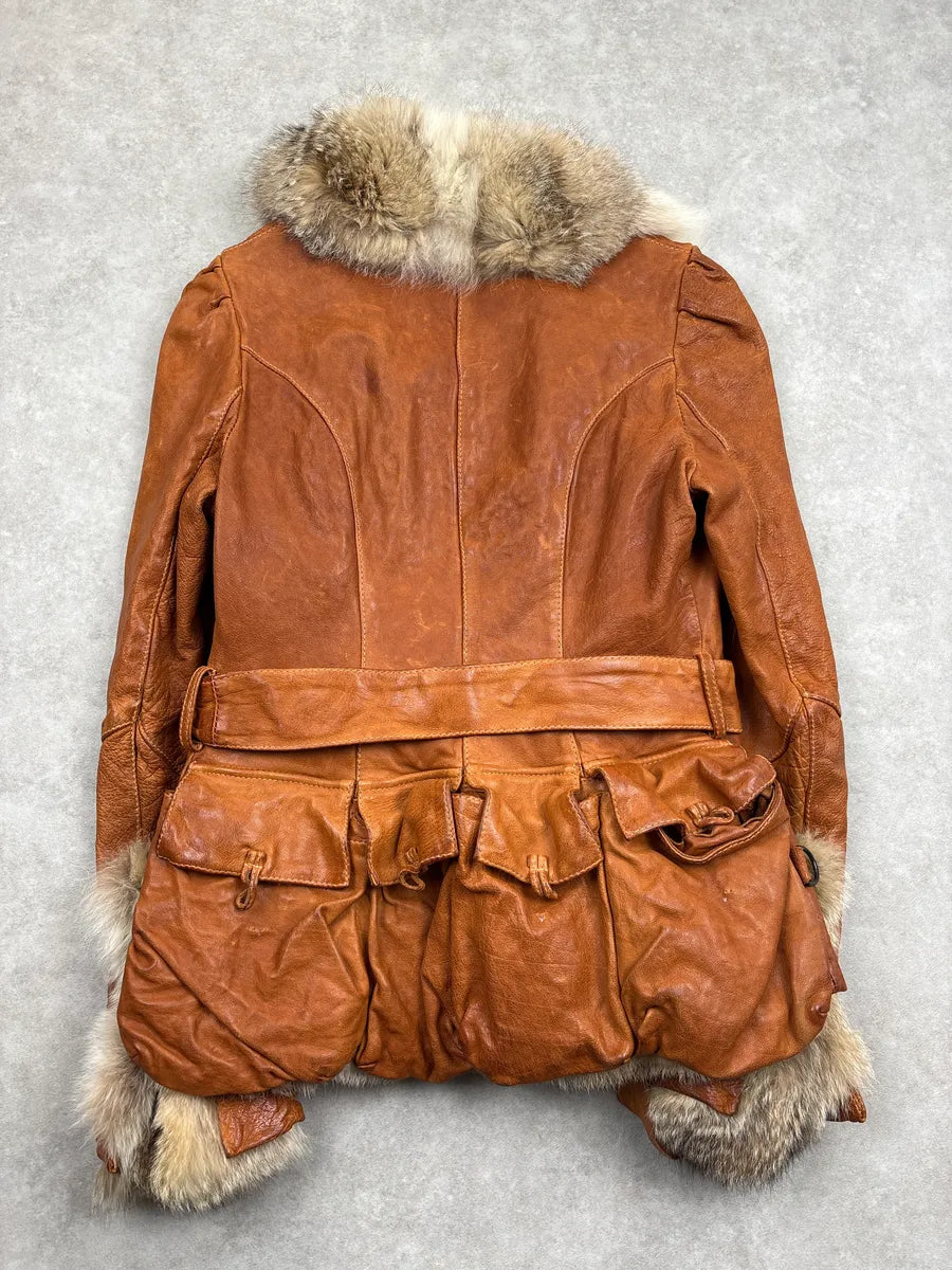 SS2004 Roberto Cavalli Brown Fur Collar Belted Leather Jacket xWfFlgDT 5
