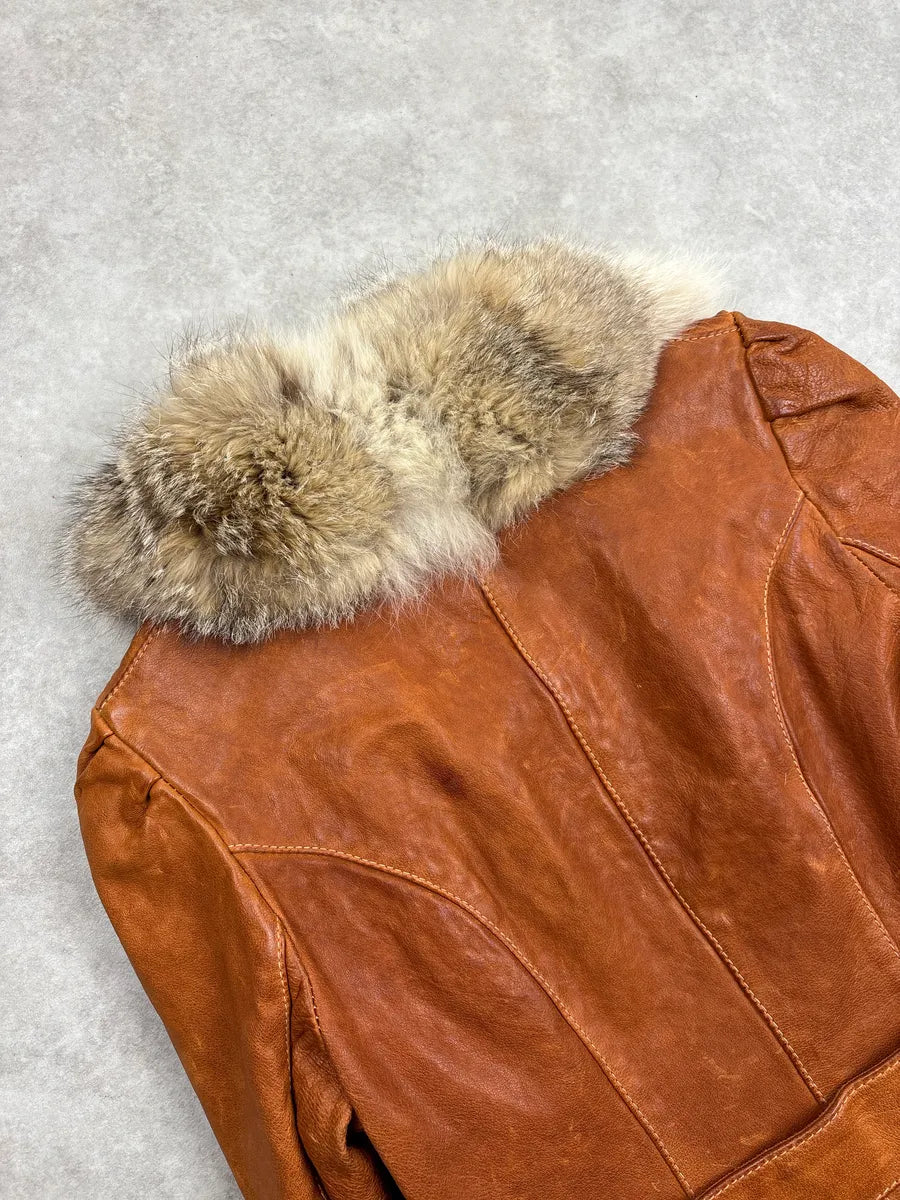 SS2004 Roberto Cavalli Brown Fur Collar Belted Leather Jacket xWfFlgDT 8