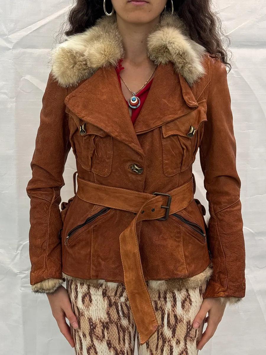 SS2004 Roberto Cavalli Brown Fur Collar Belted Leather Jacket xWfFlgDT 1