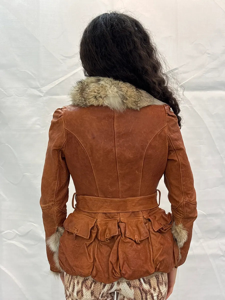 SS2004 Roberto Cavalli Brown Fur Collar Belted Leather Jacket xWfFlgDT 2