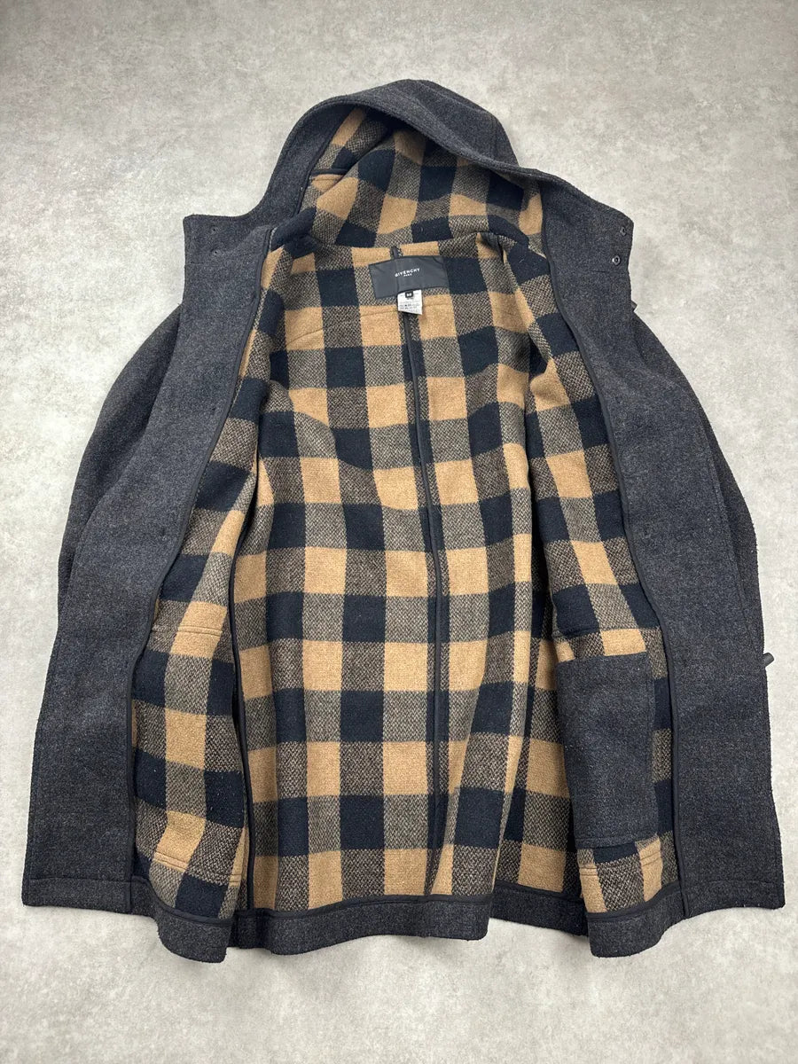 AW2010 Givenchy Grey Wool Hooded Tartan Lined Toggle Coat xaZjtMLk 5