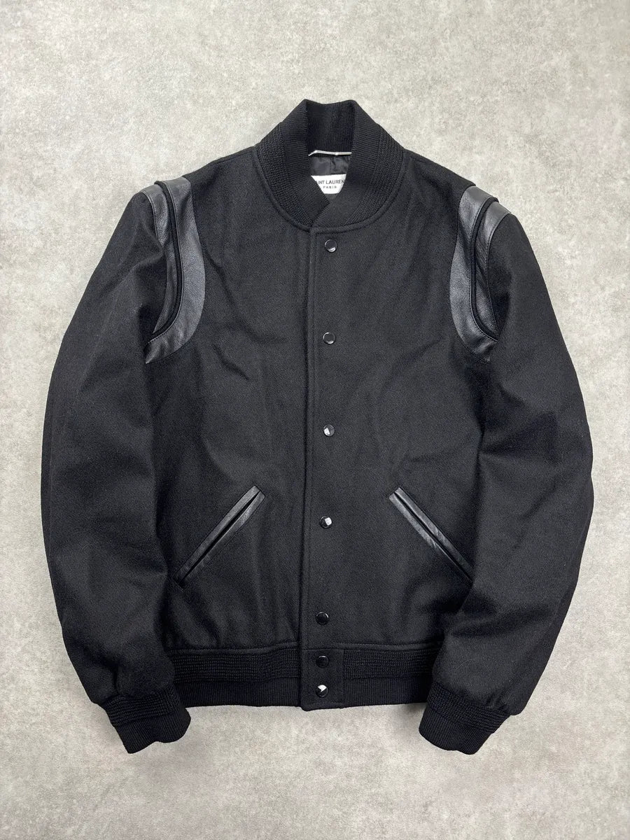 AW2022 Saint Laurent Black Wool Leather Varsity Teddy Jacket xmyYrDDy 0