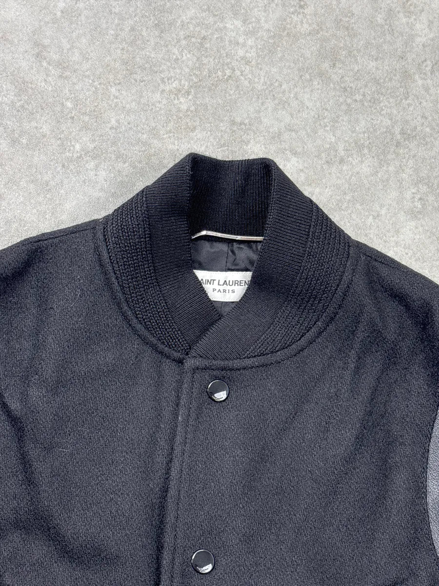 AW2022 Saint Laurent Black Wool Leather Varsity Teddy Jacket xmyYrDDy 5
