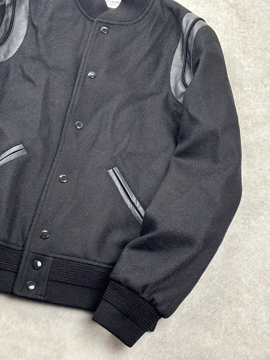 AW2022 Saint Laurent Black Wool Leather Varsity Teddy Jacket xmyYrDDy 6