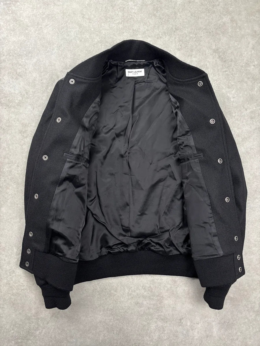 AW2022 Saint Laurent Black Wool Leather Varsity Teddy Jacket xmyYrDDy 3