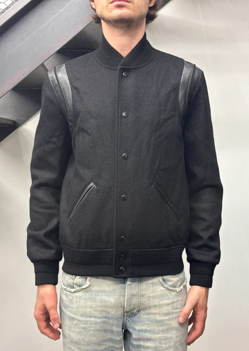 AW2022 Saint Laurent Black Wool Leather Varsity Teddy Jacket xmyYrDDy 1