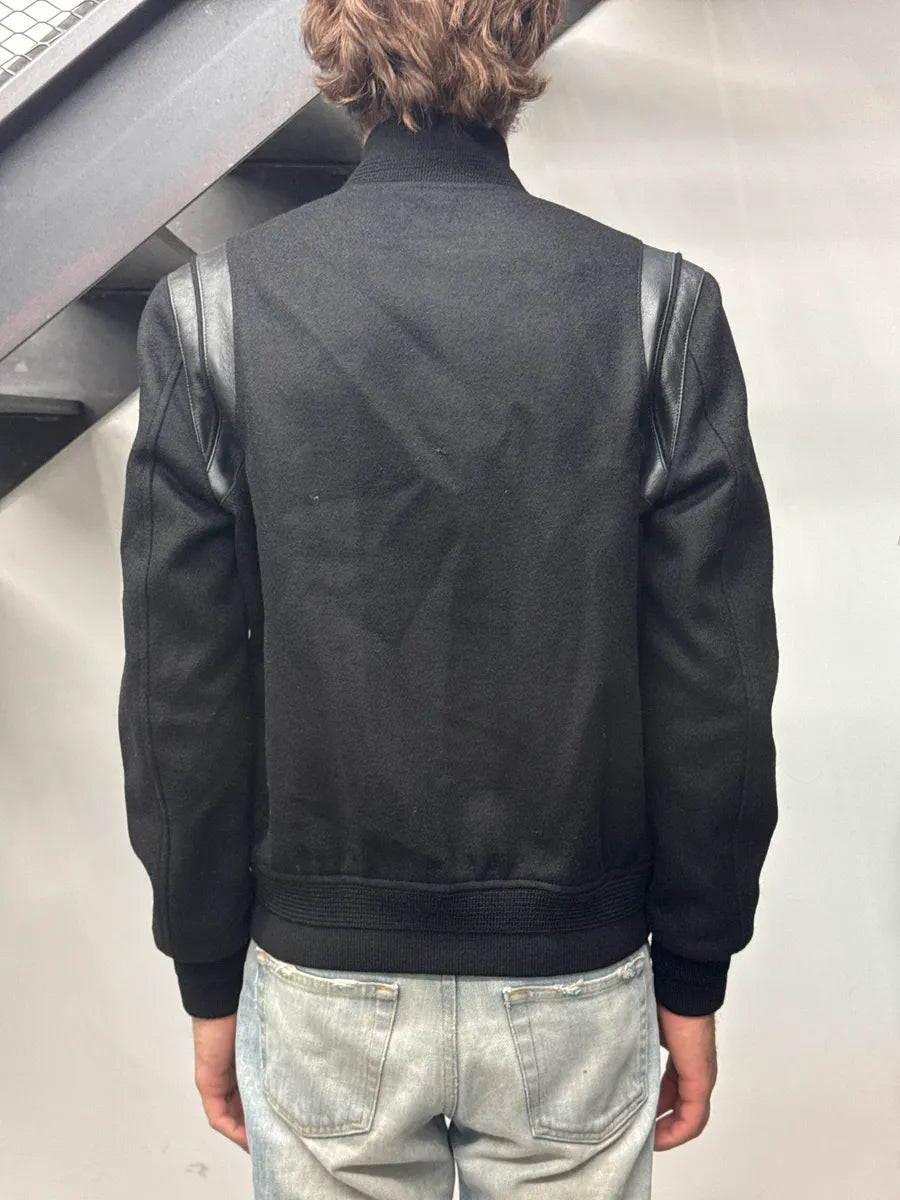 AW2022 Saint Laurent Black Wool Leather Varsity Teddy Jacket xmyYrDDy 2