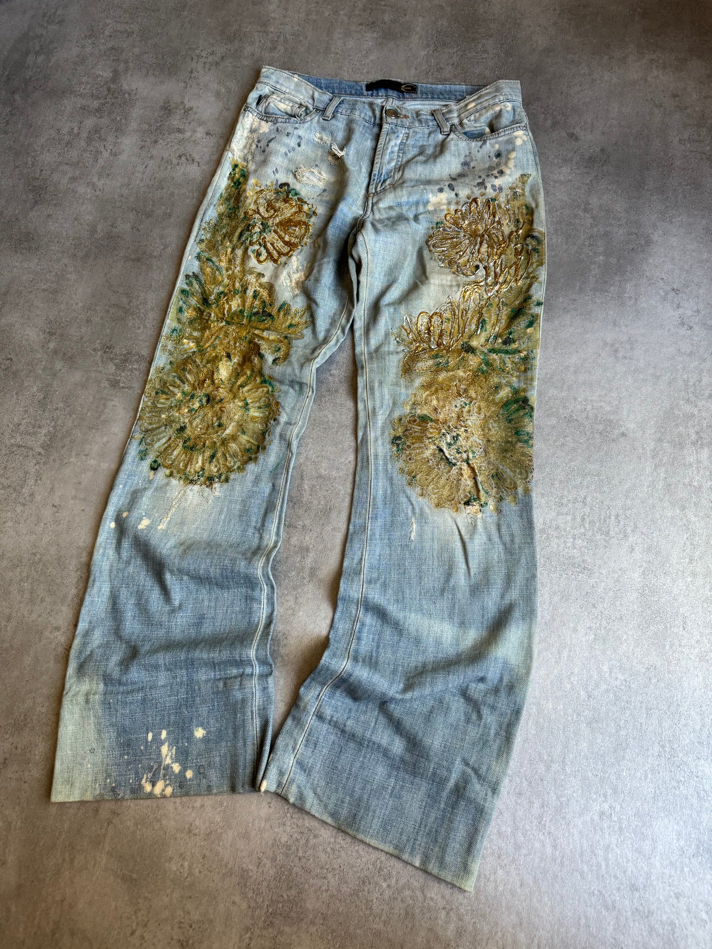 SS2006 Cavalli Painted Distressed Relaxed Royal Denim Jeans (S) - 8