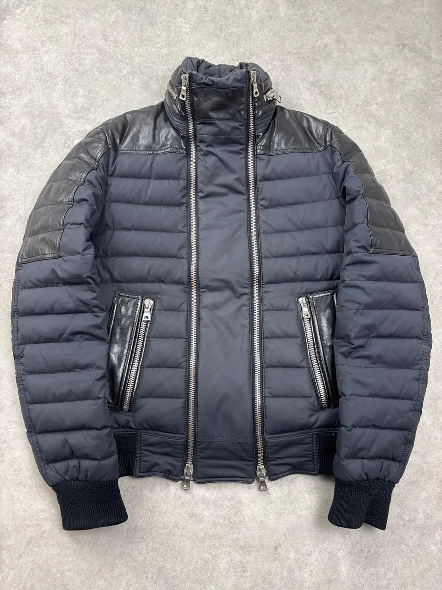 AW2015 Balmain Navy Hybrid Quilted Nylon & Leather Puffer Jacket xtUVUQxm 0