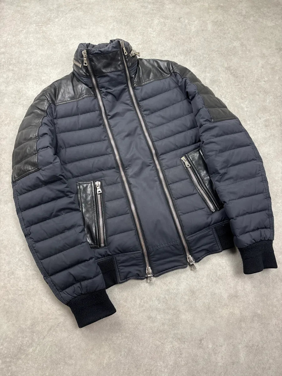 AW2015 Balmain Navy Hybrid Quilted Nylon & Leather Puffer Jacket xtUVUQxm 4