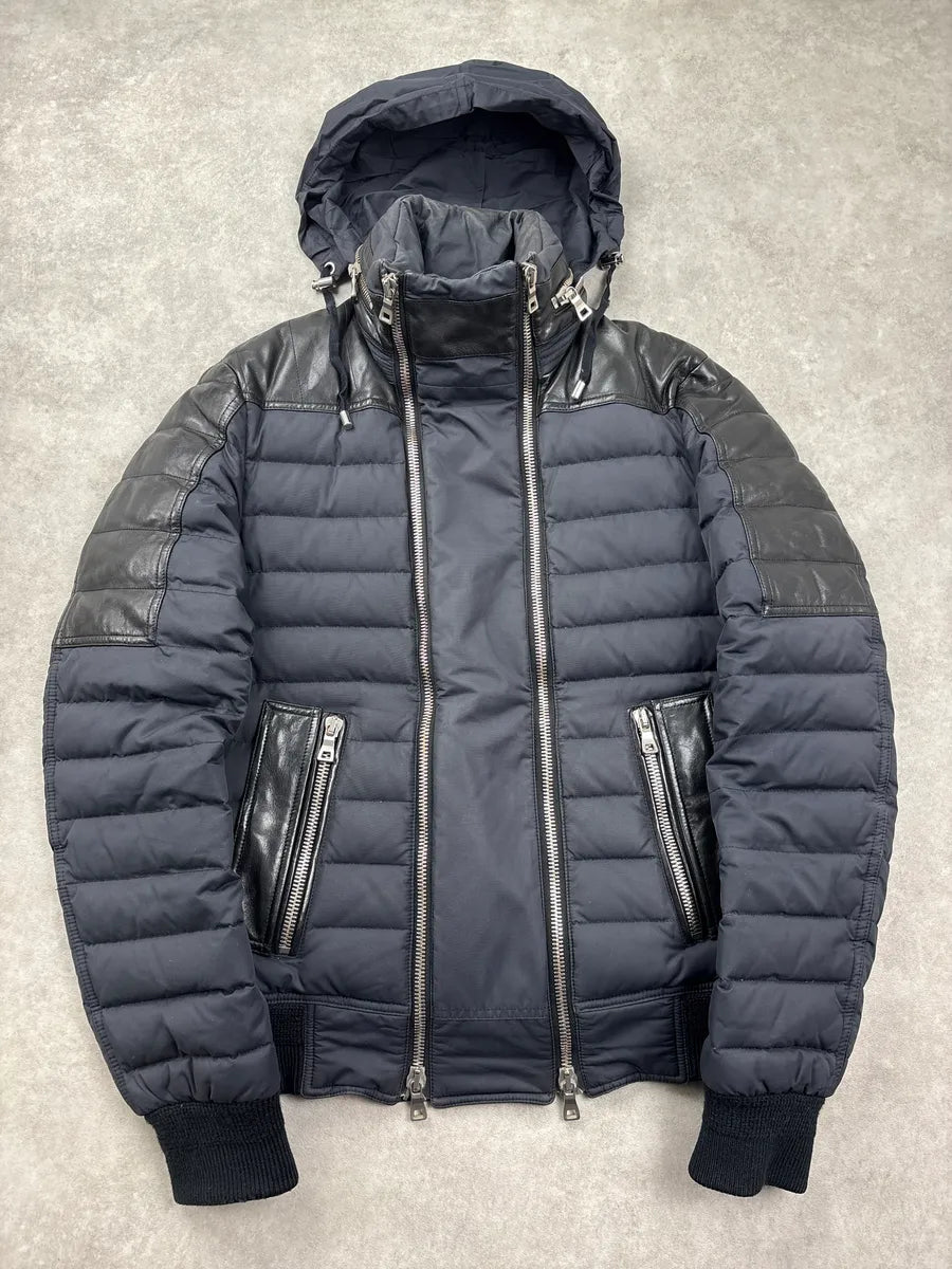AW2015 Balmain Navy Hybrid Quilted Nylon & Leather Puffer Jacket xtUVUQxm 1