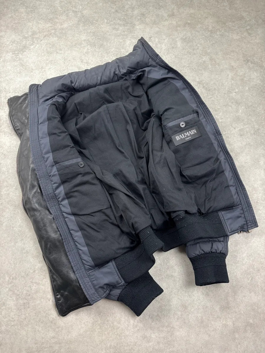 AW2015 Balmain Navy Hybrid Quilted Nylon & Leather Puffer Jacket xtUVUQxm 7
