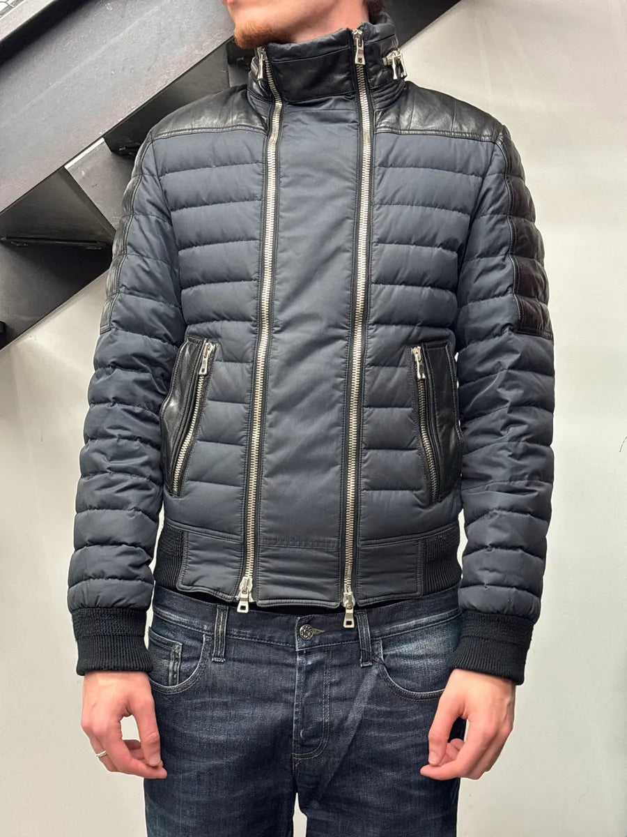 AW2015 Balmain Navy Hybrid Quilted Nylon & Leather Puffer Jacket xtUVUQxm 2