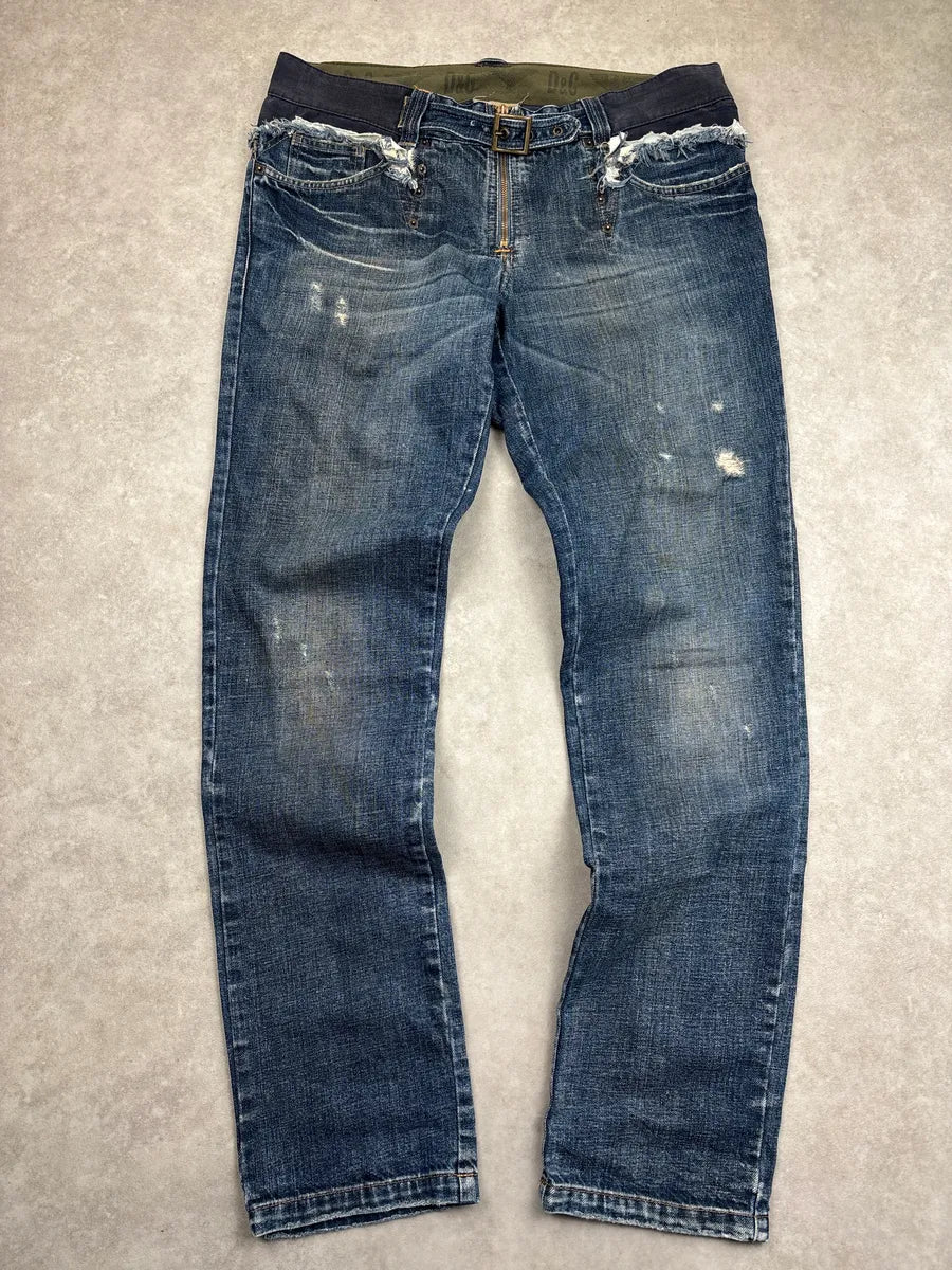 SS2006 Dolce & Gabbana Blue Denim Frayed Waistband Distressed Low Rise Jeans xwmUVzQP 0