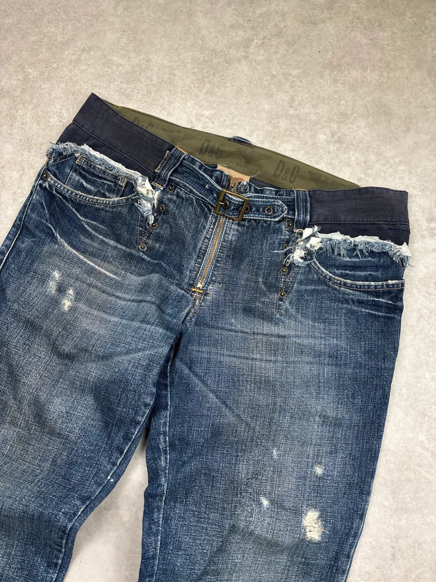SS2006 Dolce & Gabbana Blue Denim Frayed Waistband Distressed Low Rise Jeans xwmUVzQP 5