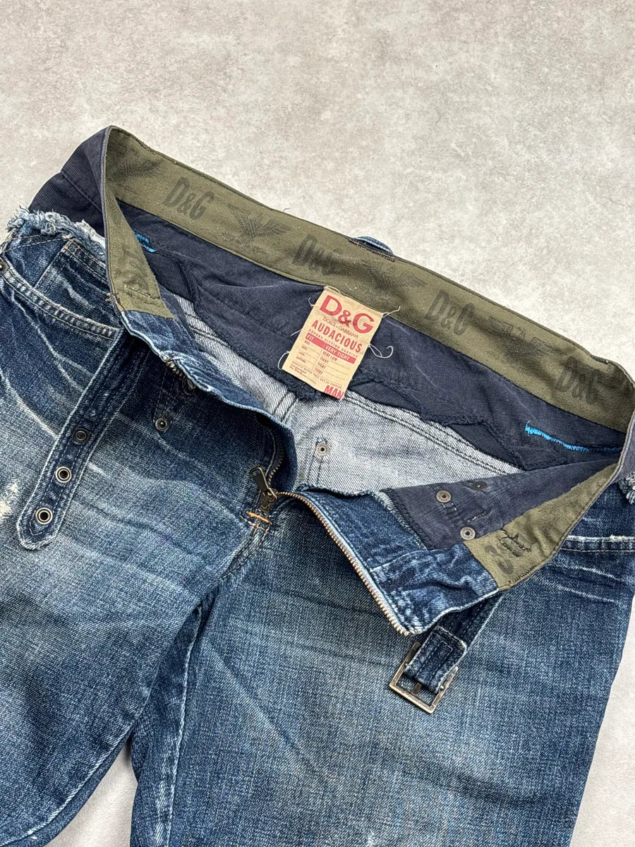 SS2006 Dolce & Gabbana Blue Denim Frayed Waistband Distressed Low Rise Jeans xwmUVzQP 7
