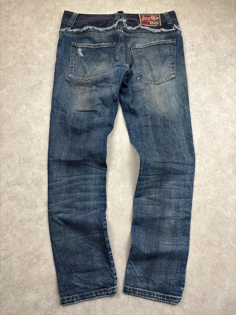 SS2006 Dolce & Gabbana Blue Denim Frayed Waistband Distressed Low Rise Jeans xwmUVzQP 4