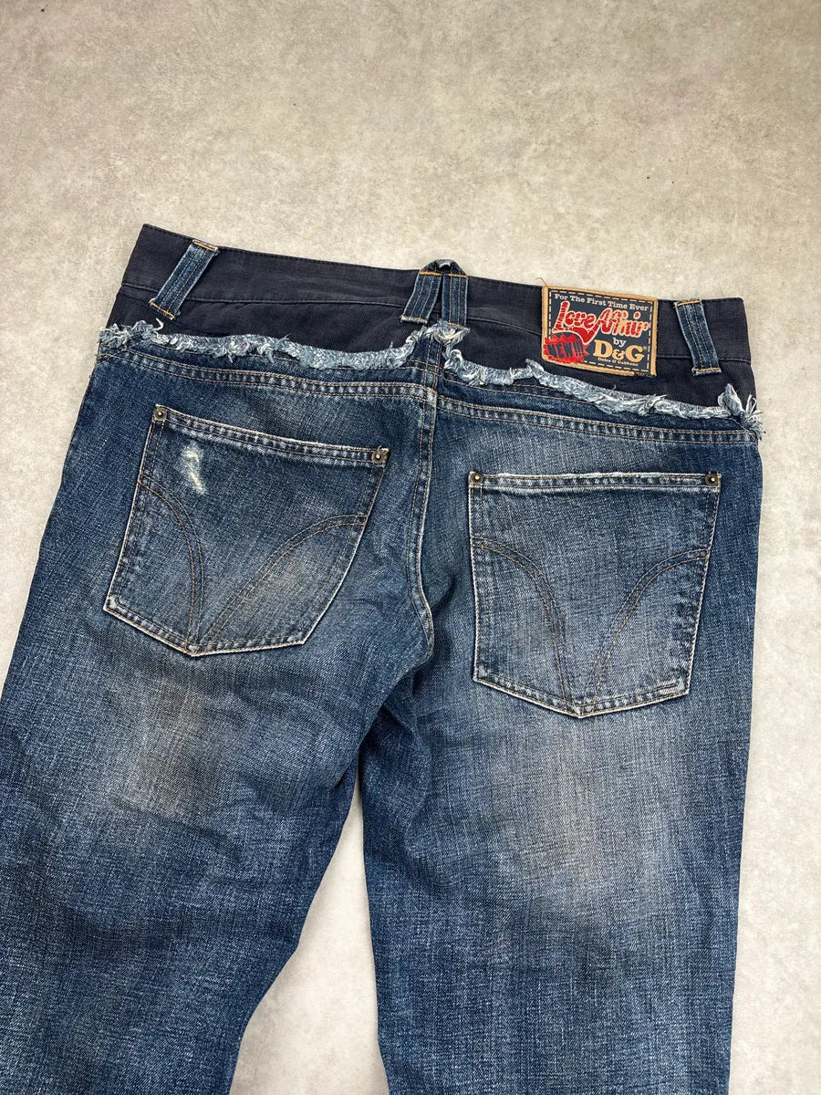 SS2006 Dolce & Gabbana Blue Denim Frayed Waistband Distressed Low Rise Jeans xwmUVzQP 8