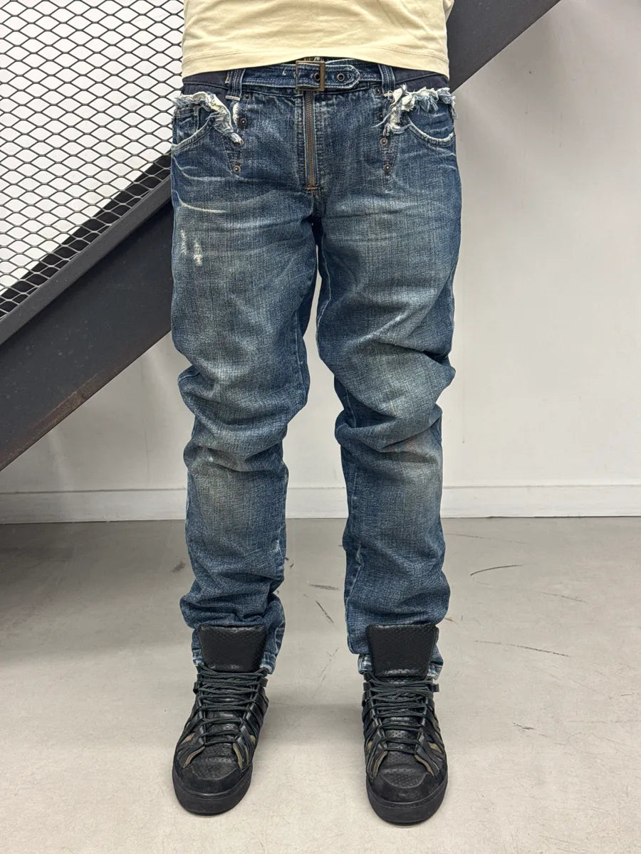 SS2006 Dolce & Gabbana Blue Denim Frayed Waistband Distressed Low Rise Jeans xwmUVzQP 1