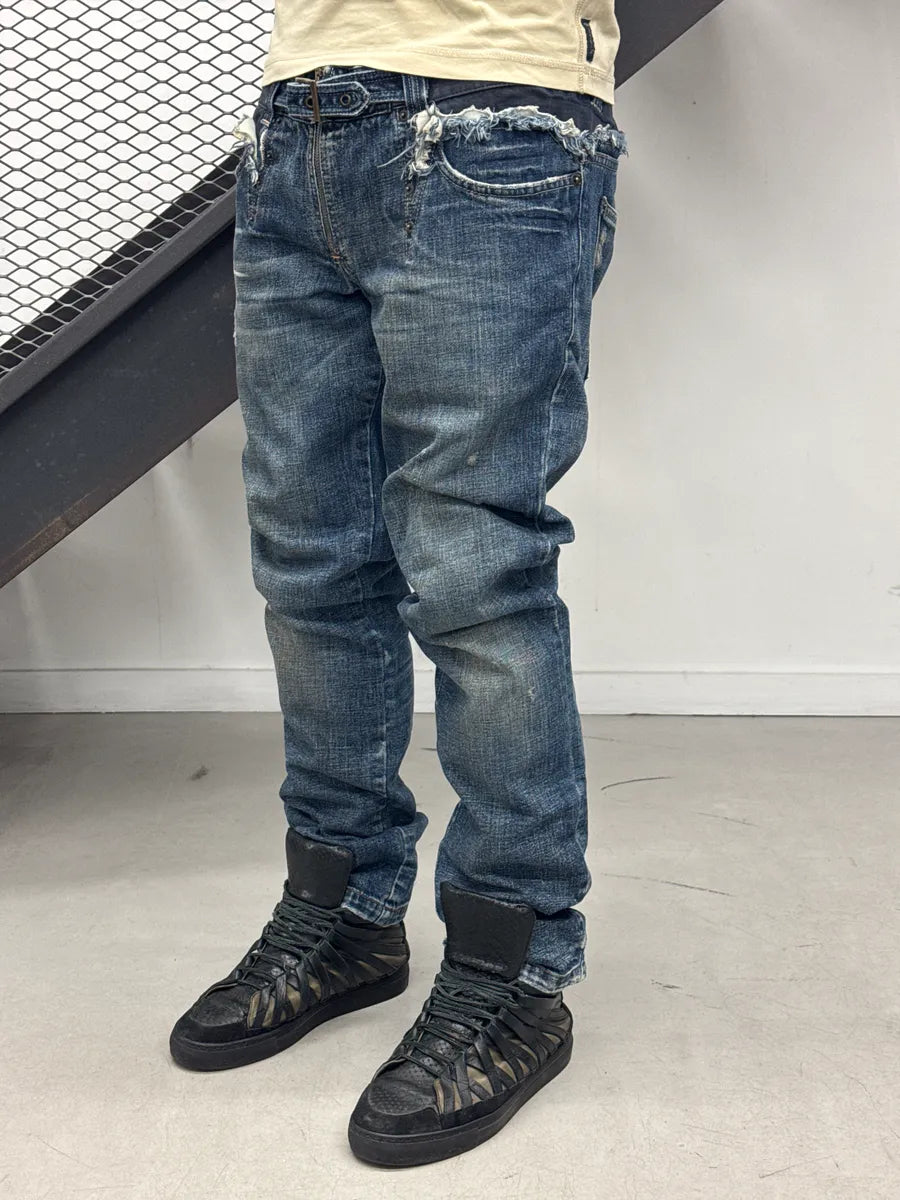 SS2006 Dolce & Gabbana Blue Denim Frayed Waistband Distressed Low Rise Jeans xwmUVzQP 2