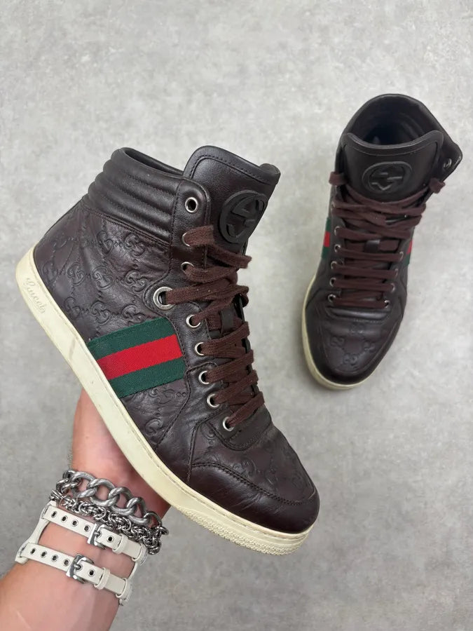 Gucci Brown Leather Monogram High Top Sneakers cEFfFJC 0
