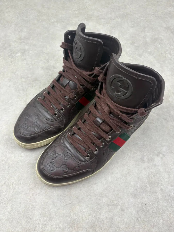Gucci Brown Leather Monogram High Top Sneakers cEFfFJC 2