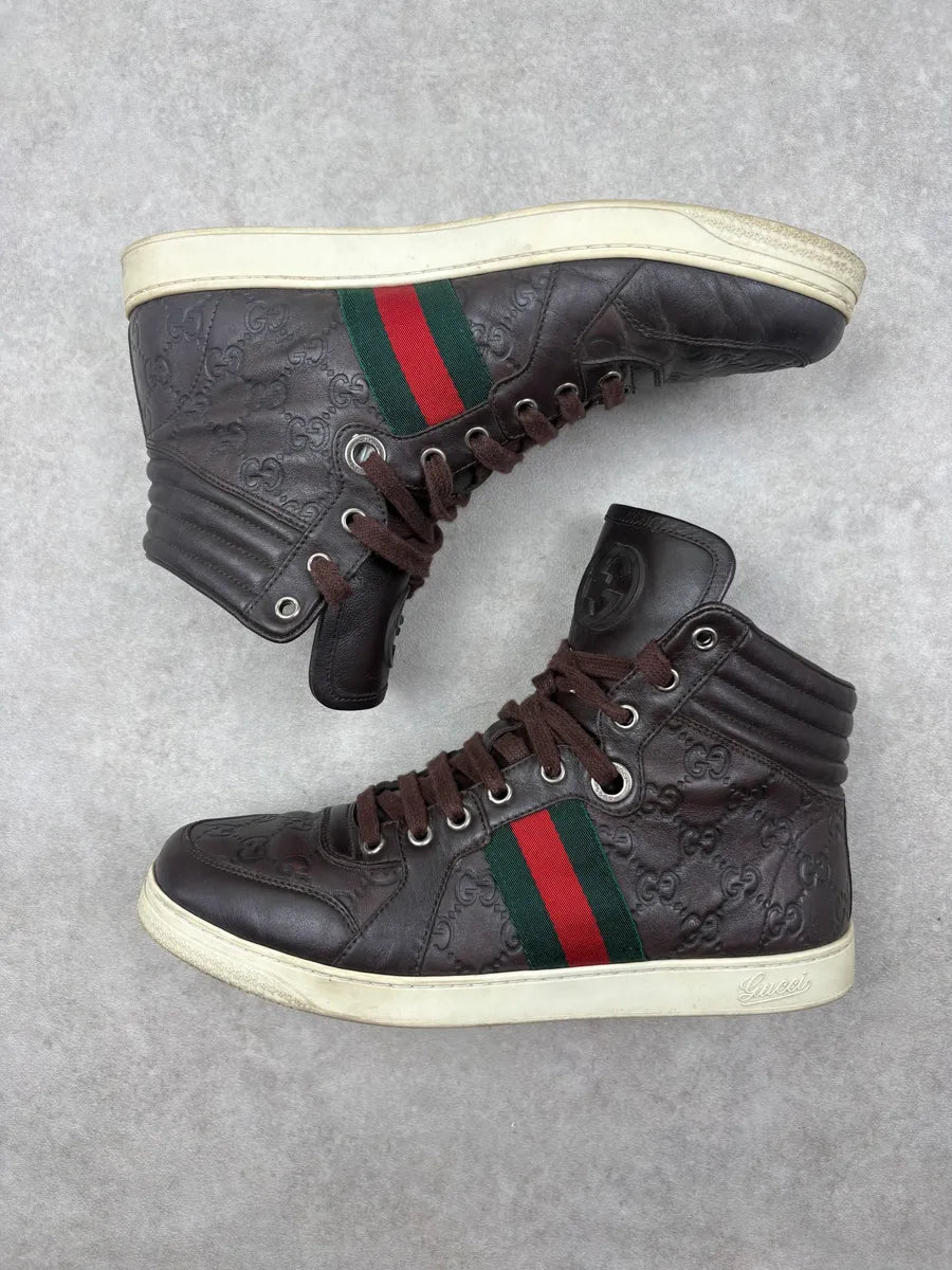 Gucci Brown Leather Monogram High Top Sneakers cEFfFJC 3