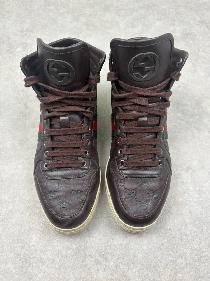 Gucci Brown Leather Monogram High Top Sneakers cEFfFJC 1